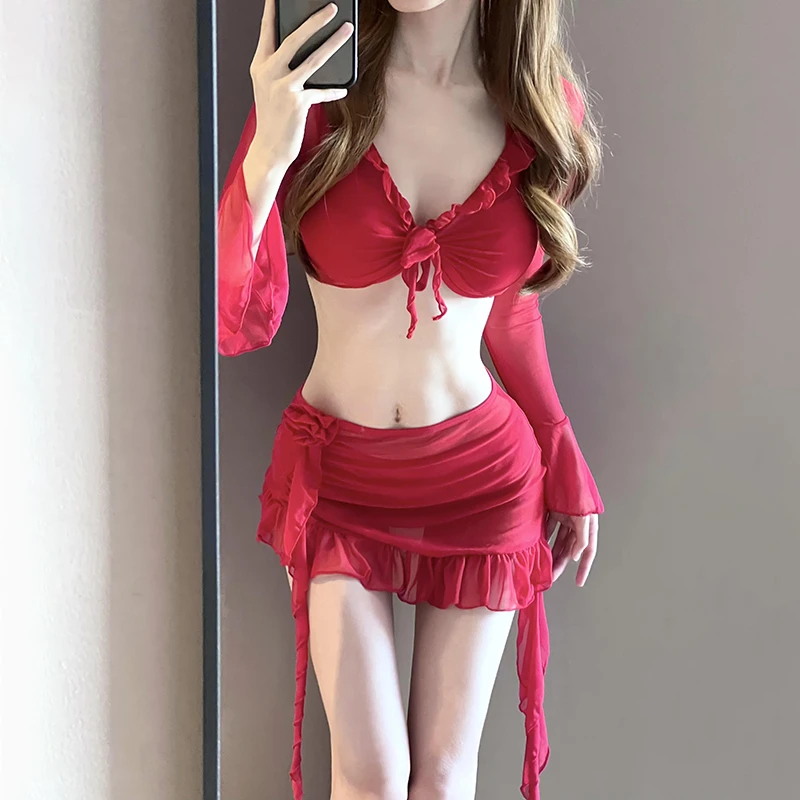 红色新款性感比基尼分体泳衣女夏季温泉海边穿搭显白小胸显瘦泳装