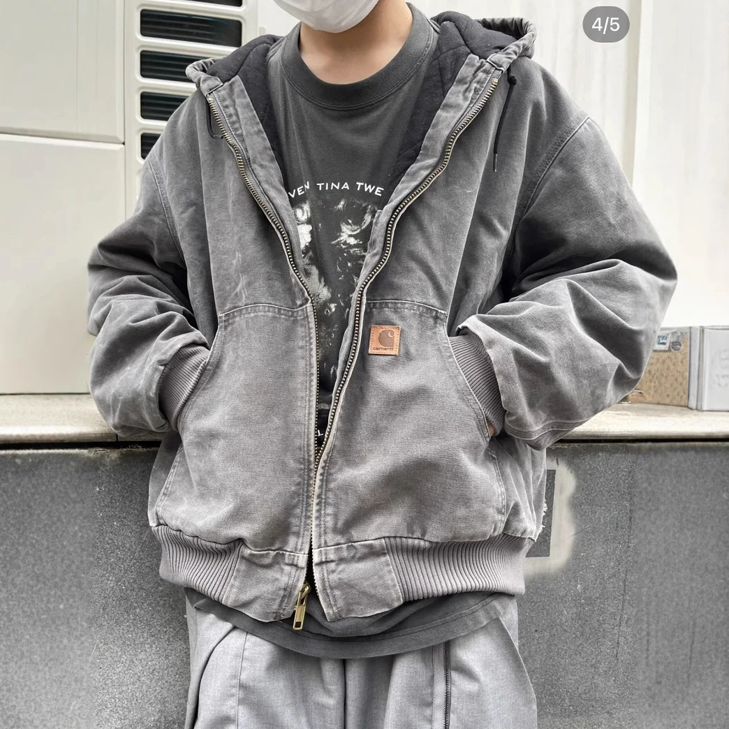 高品质中古款j130卡哈Carha水洗做旧连帽拉链外套宽松棉衣棉服男