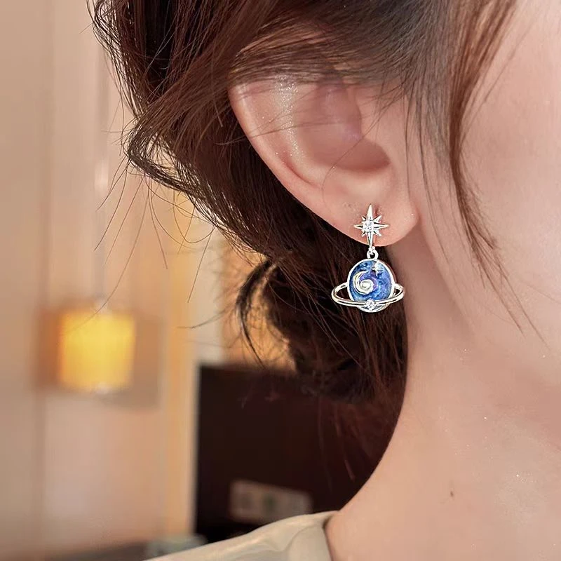 铜合金耳饰 宇宙星河蓝色晕染耳钉女2025新款芒星耳饰小众百搭