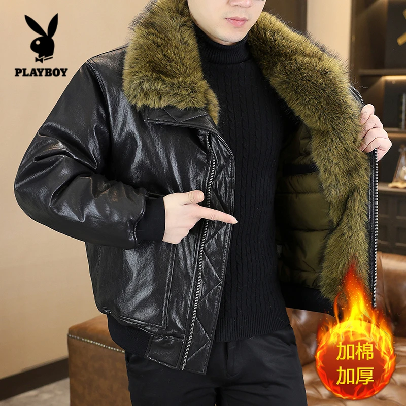 花花公子2025年冬季新款仿狐狸毛立领皮衣潮流百搭外套休闲男士