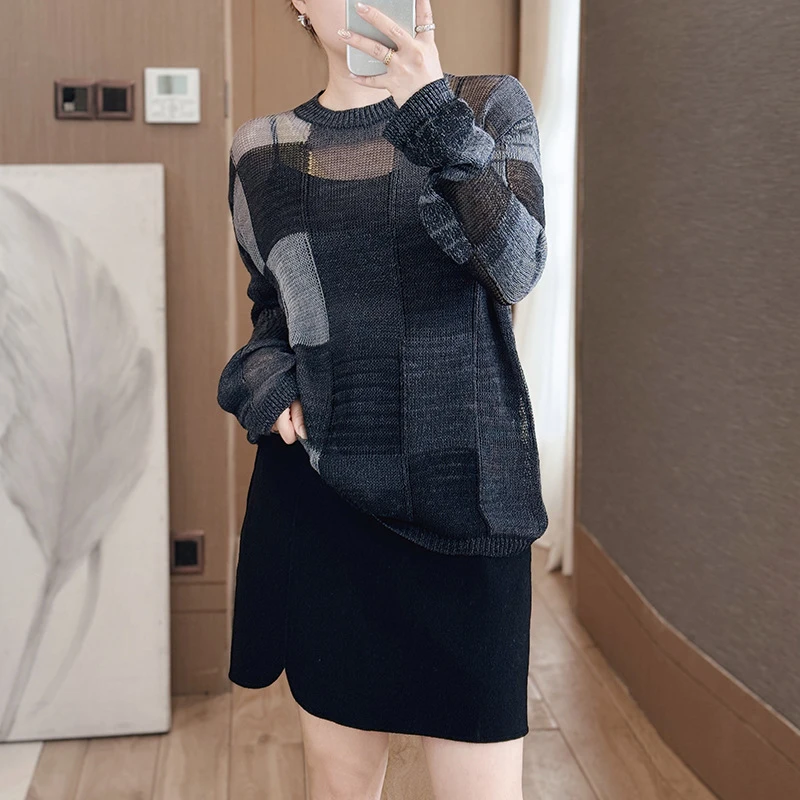 复古优雅气质慵懒拼接镂空编织进口纸纱长袖百搭针织毛衣上衣新款