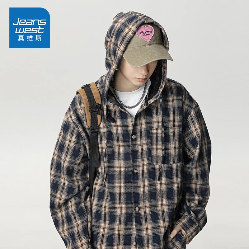 Jeanswest/真维斯男士潮牌美式复古格子衬衫春夏休闲百搭连帽外套