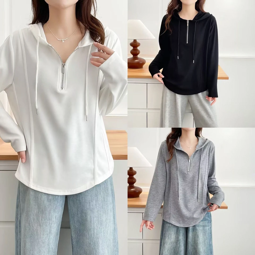 常规时尚长袖套头女连帽法式防晒女T恤秋冬休闲宽松