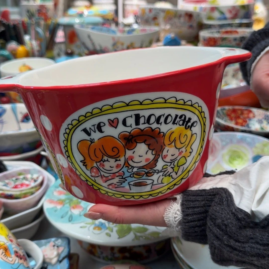 瓷片荷兰新瓷红波点双耳汤碗1只