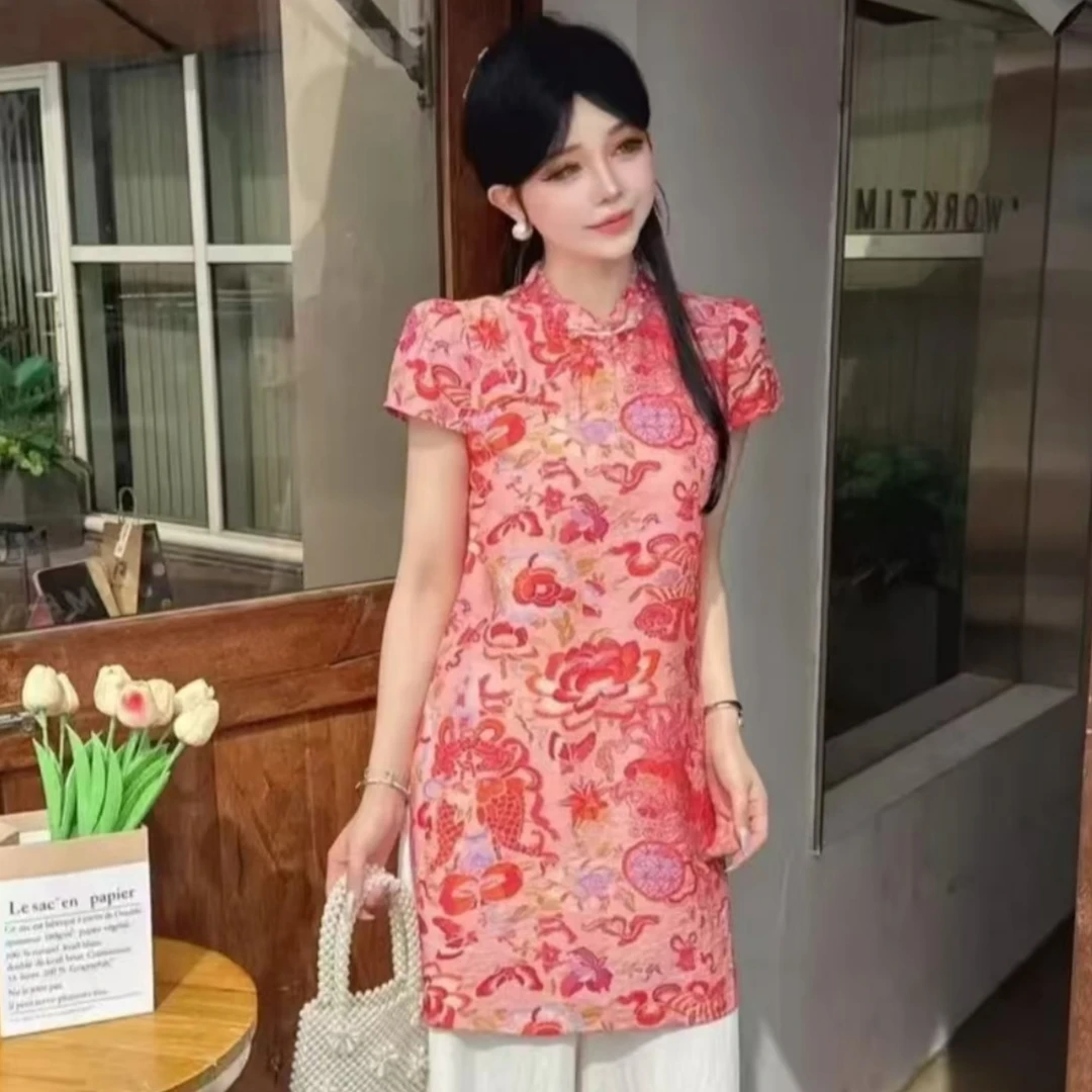 锦鲤改良旗袍新中式国风印花短袖衬衫2025夏季新款T恤宽松上衣女