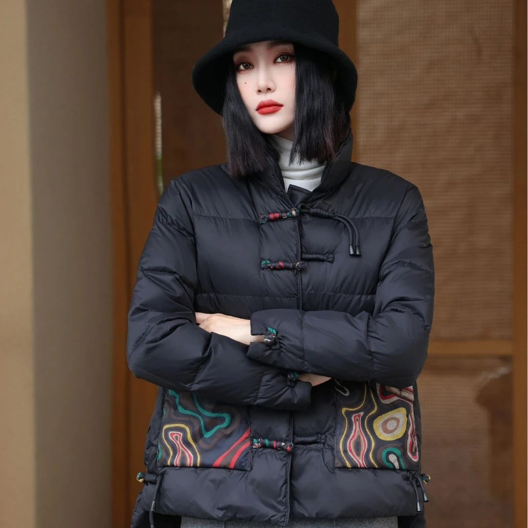 新中式复古印花羽绒服女2025冬新款短款保暖大码宽松羽绒外套