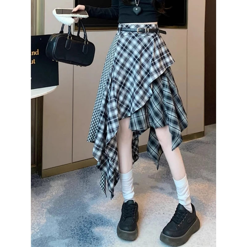 学院风不规则复古拼接黑白格子半身裙女早春季中长款压褶A字裙子