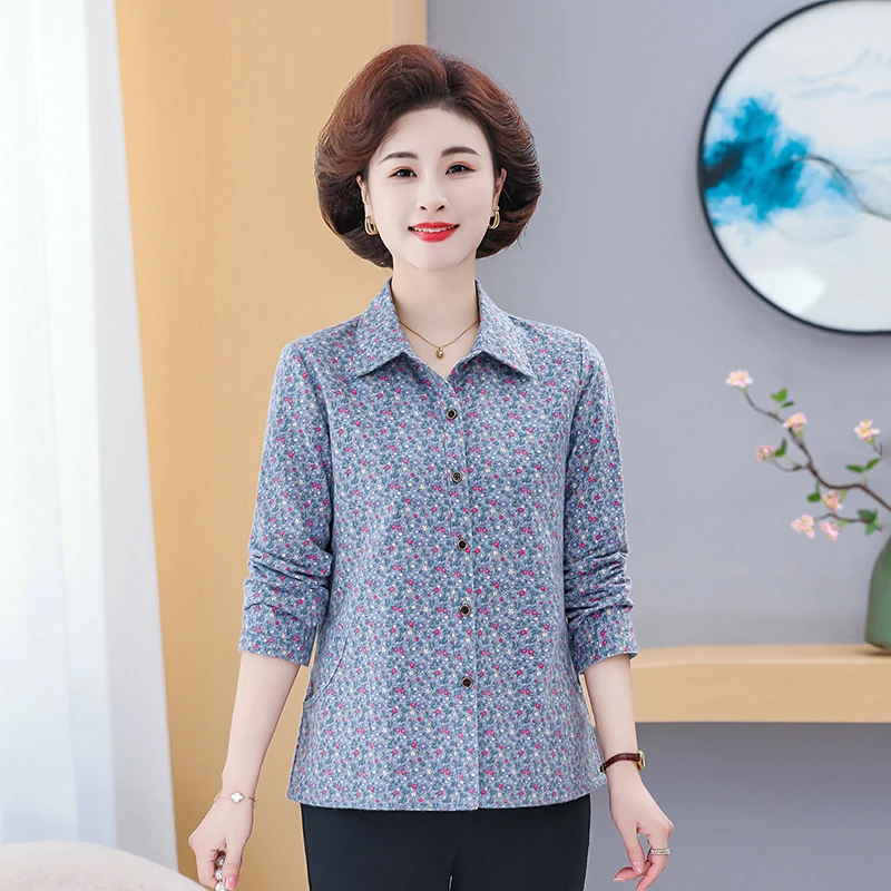 C046妈妈春装上衣女士气质衬衫中年女秋季长袖士衬衣格子休闲