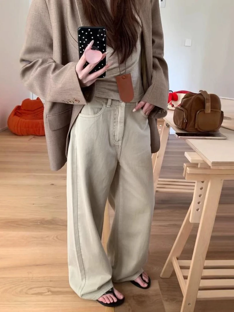 60032# 复古卡其色牛仔裤女2025韩版高腰宽松显瘦直筒阔腿休闲裤