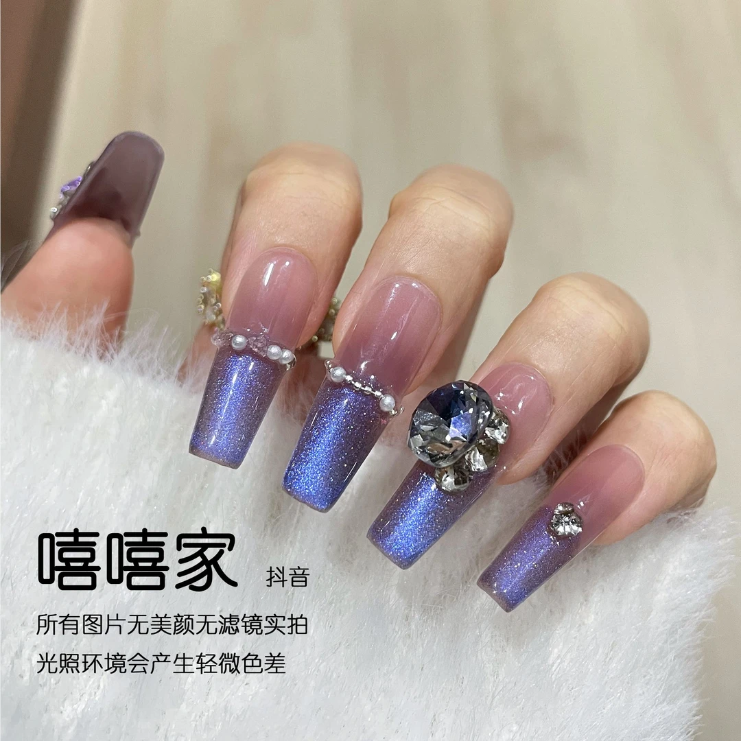 【蓝眼泪】东洲手工穿戴甲实拍爆闪碎钻蓝色猫眼显白高级美甲