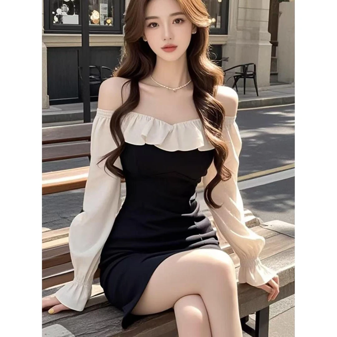 气质名媛风撞色荷叶边一字领包臀裙短裙女秋冬新款修身显瘦连衣裙