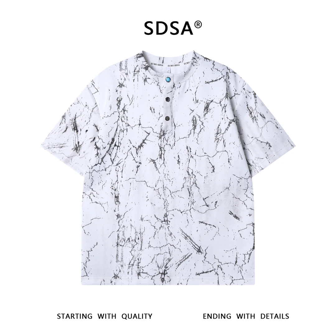 夏季高级感新款设计感凌乱线条半纽扣短袖T恤百搭圆领宽松上衣