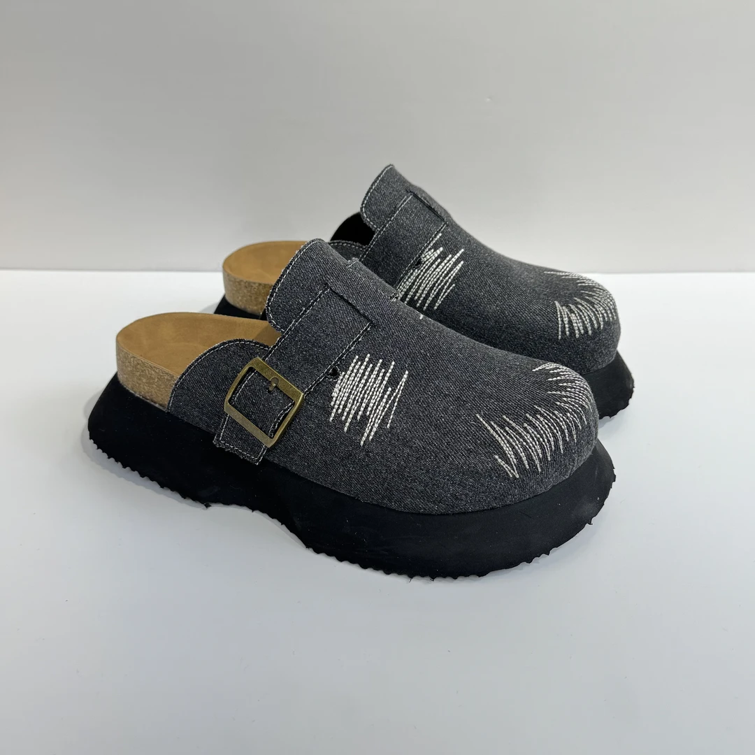 0810-夏季增高拼色刺绣布面胶粘鞋包头拖透气厚底慢人风拖鞋半拖