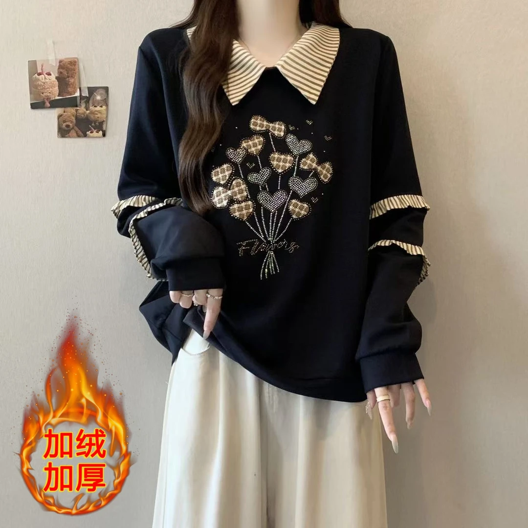 大码女装遮肚子假两件娃娃领加绒卫衣女秋冬胖妹妹宽松显瘦打底衫