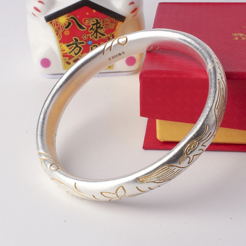 足银手镯 45号链接【凤描金闭口】足银手镯 发货带证书带礼盒