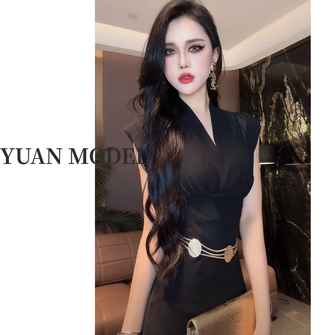 【YUAN MODEL】【黑玫瑰】2025夏季高端时尚网纱长款气质连衣裙052249