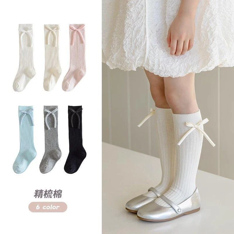 春秋薄款女童袜子棉质儿童蝴蝶结中筒袜韩国洋气长筒袜公主风