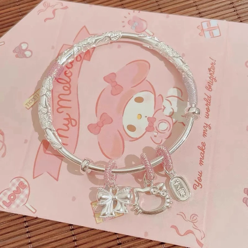 繁花似锦Kitty猫纯银手镯999足银镯子情人节礼物送女友