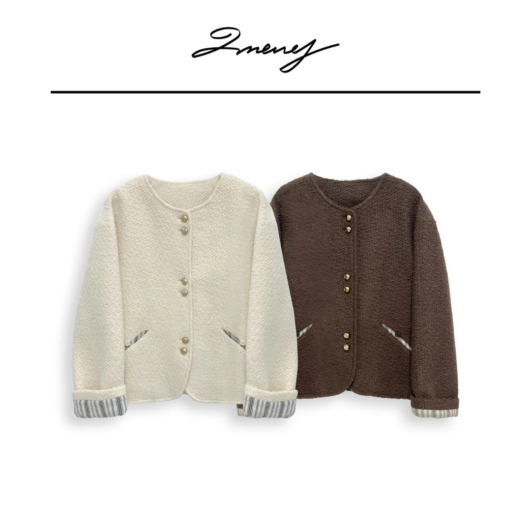 LMENY【清】轻奢主义~羊毛颗粒感茧型拼接条纹小香外套24CW034