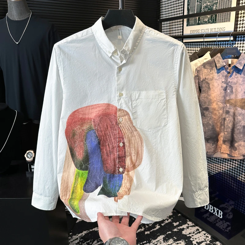 DBXB潮流印花长袖衬衫男秋季时尚设计感百搭休闲帅气宽松衬衣男装