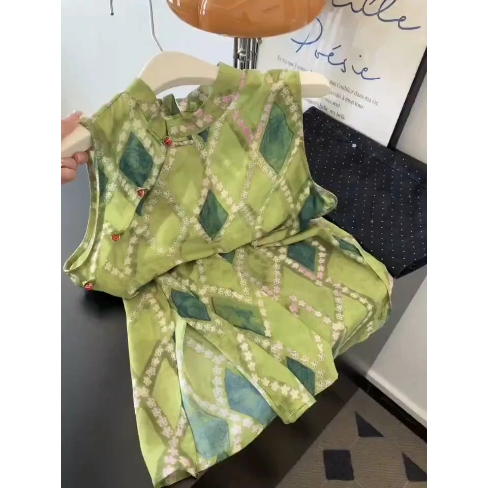 新中式国风盘扣立领设计感绿色菱格坎肩宽松无袖衬衫女上衣2025夏