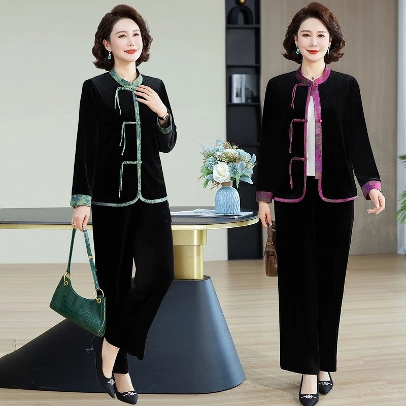 中老年人金丝绒套装女春装2025新款中年妈妈春秋阔太太上衣两件套