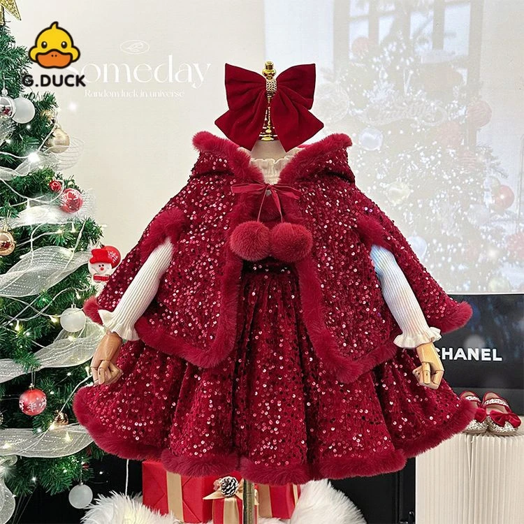 小黄鸭童装女童秋冬连衣裙儿童洛丽塔公主裙女孩过年服圣诞斗篷裙