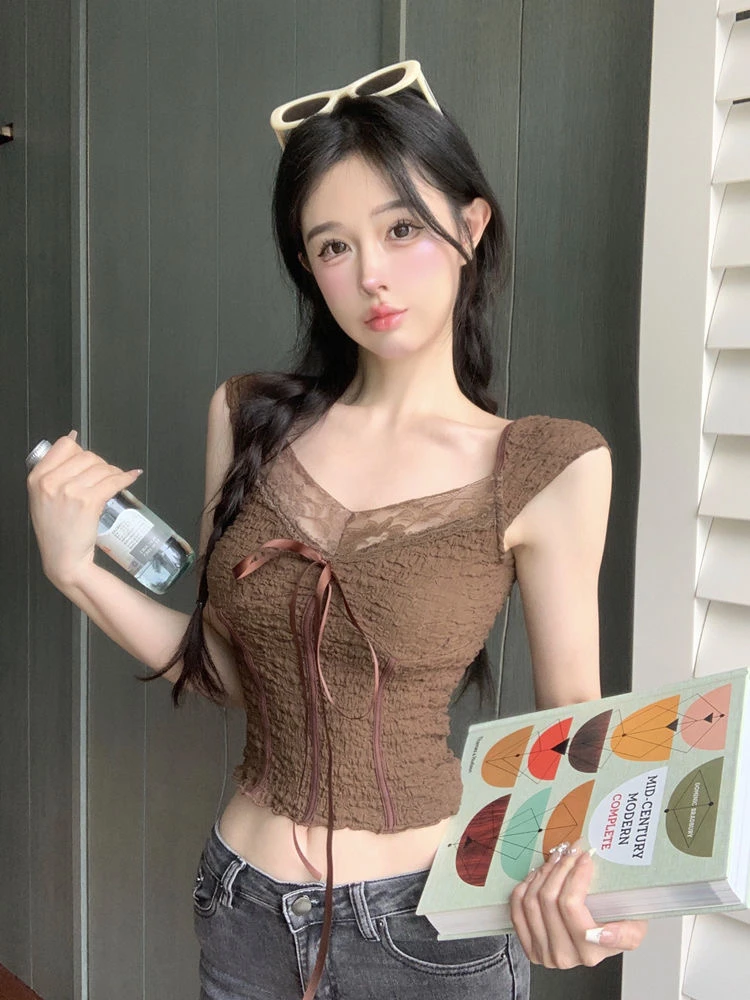 法式蕾丝辣妹V领吊带上衣