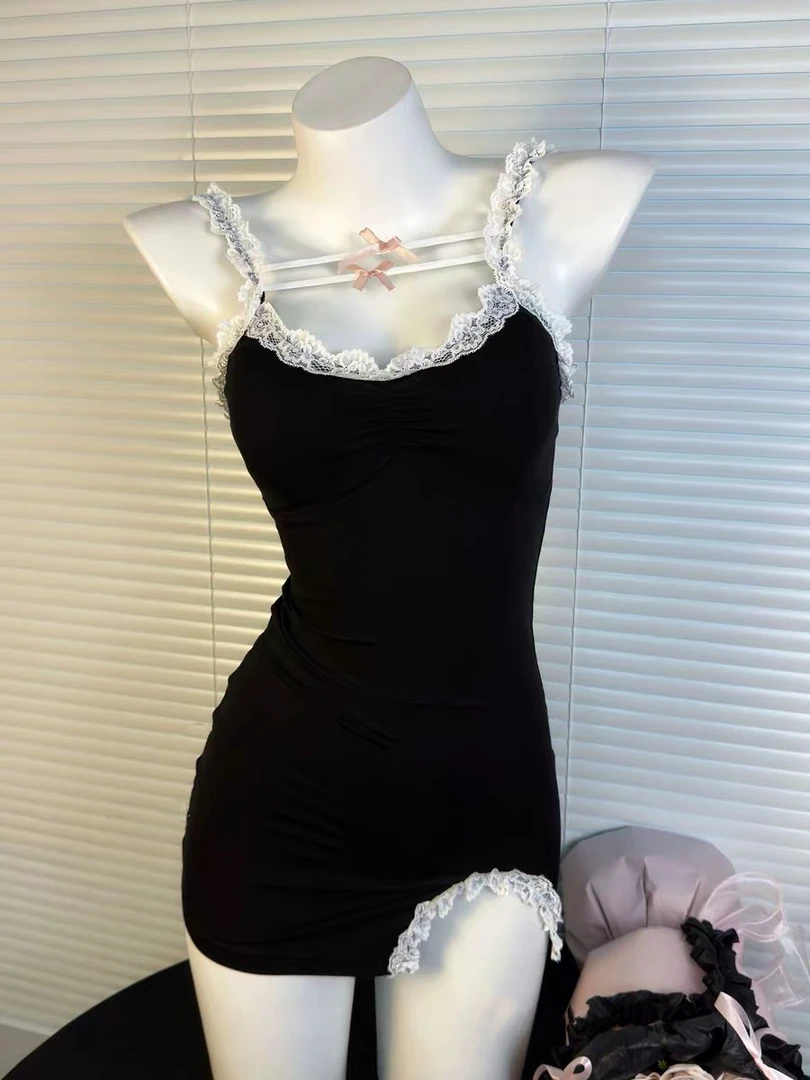 新款吊带睡衣家居服女套装绑带开叉蕾丝胸垫紧身包臀睡裙