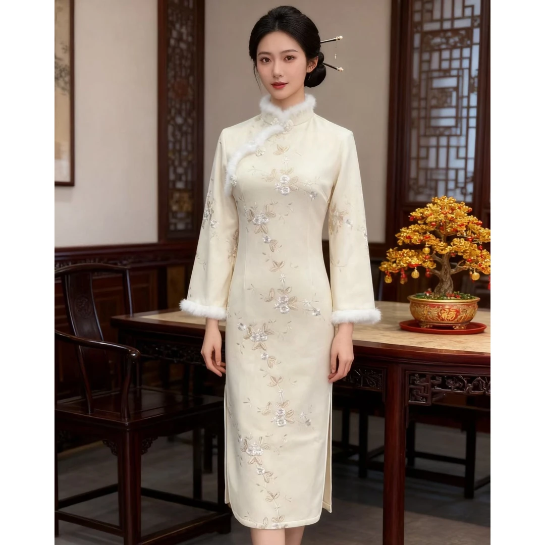 苏故里【奶油蔷薇】冬季新款新中式气质修身旗袍日复古优雅国风加厚