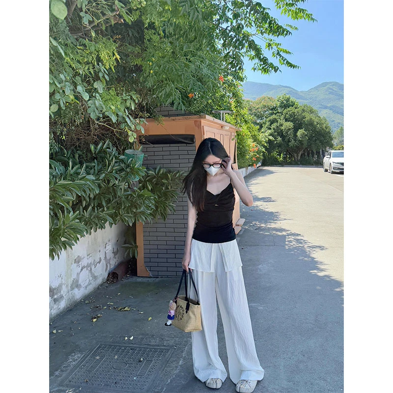 韩系慵懒风休闲套装小众设计感V领收腰吊带上衣夏季高腰阔腿长裤
