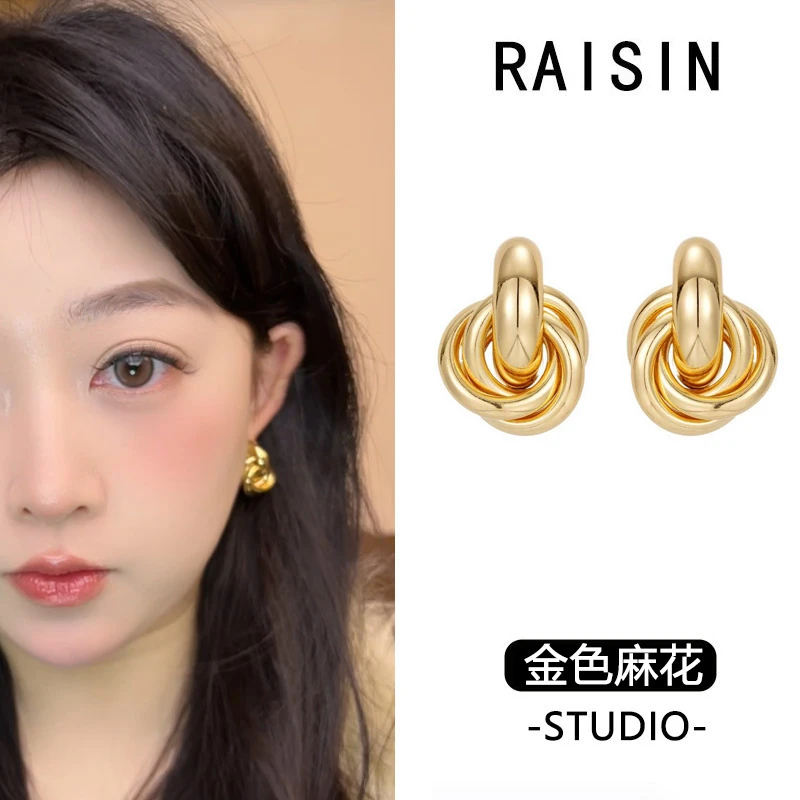 RAISIN 铜合金耳饰 欧美麻花新款饰品小众设计感双层耳环女简约