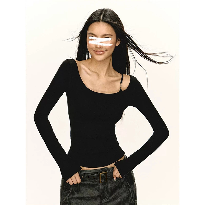 Moses Queen/魔西女王美式复古设计感金属扣长袖T恤修身显瘦上衣