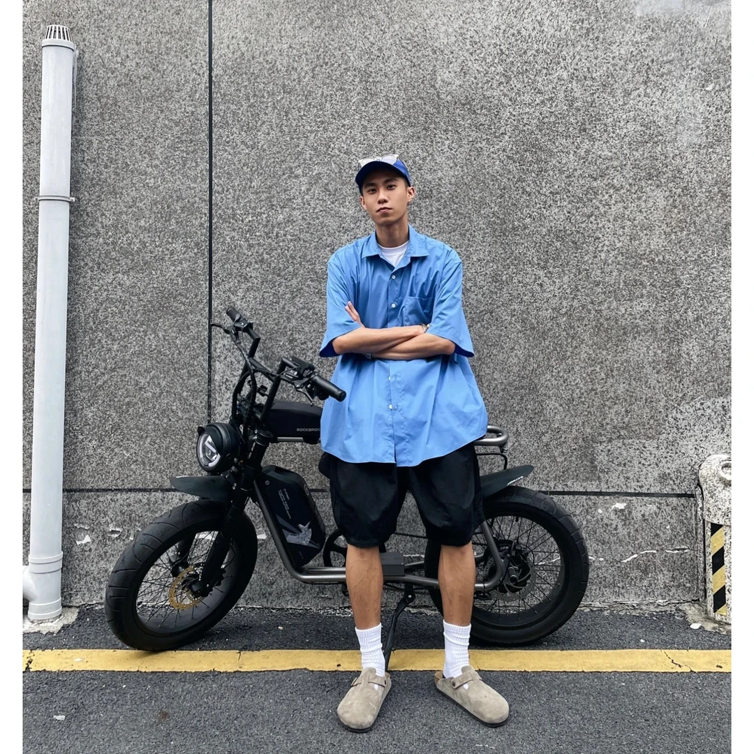 A1#日系某天某丝亚麻双打褶短袖衬衫男夏季凉感不规则衬衣