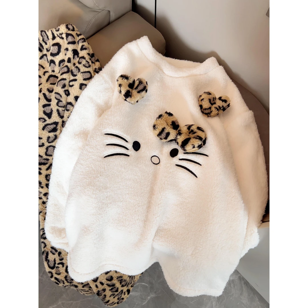 可爱Kitty蝴蝶结珊瑚绒睡衣女秋冬季新款豹纹保暖长裤家居服套装