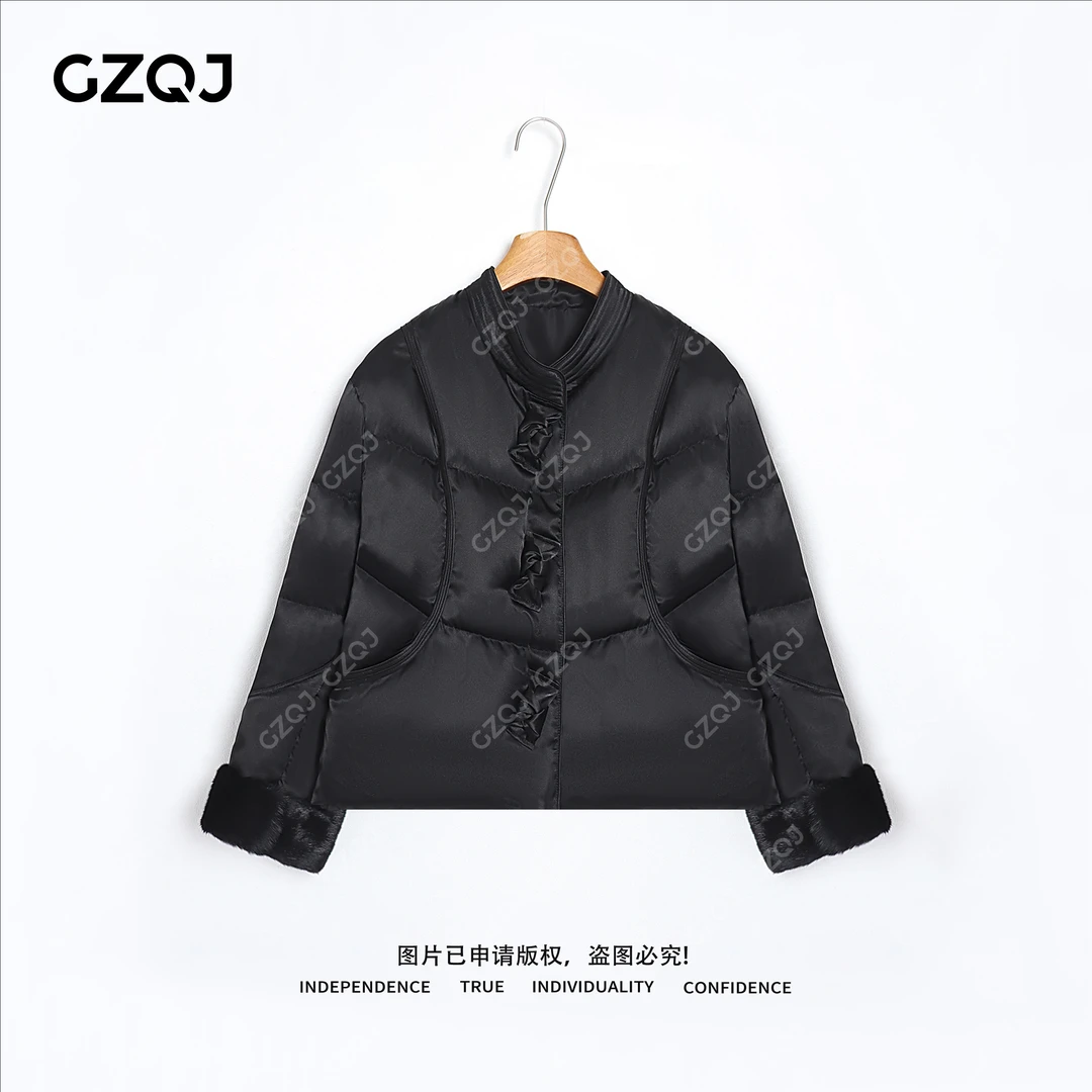 老琴私服【东方雅韵】90白鹅绒圆领水貂毛毛袖口羽绒服外套女 08151