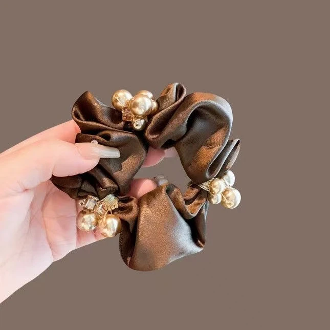 高级感缎面黑色大肠发圈简约气质珍珠肥肠圈成人耐用头绳发绳发饰