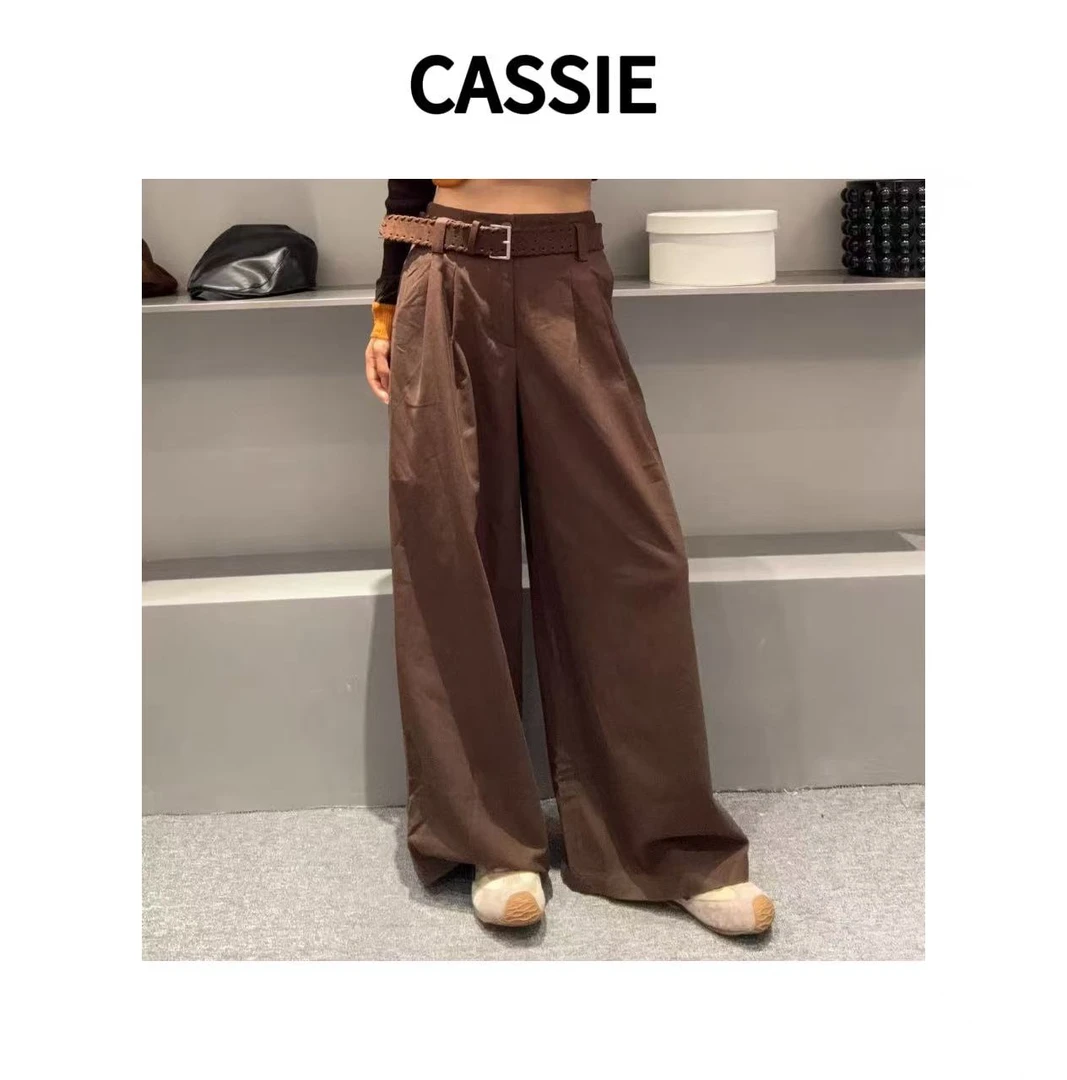 CASSIE咖色阔腿牛仔裤女秋冬新款复古高腰宽松直筒长裤拖地裤子