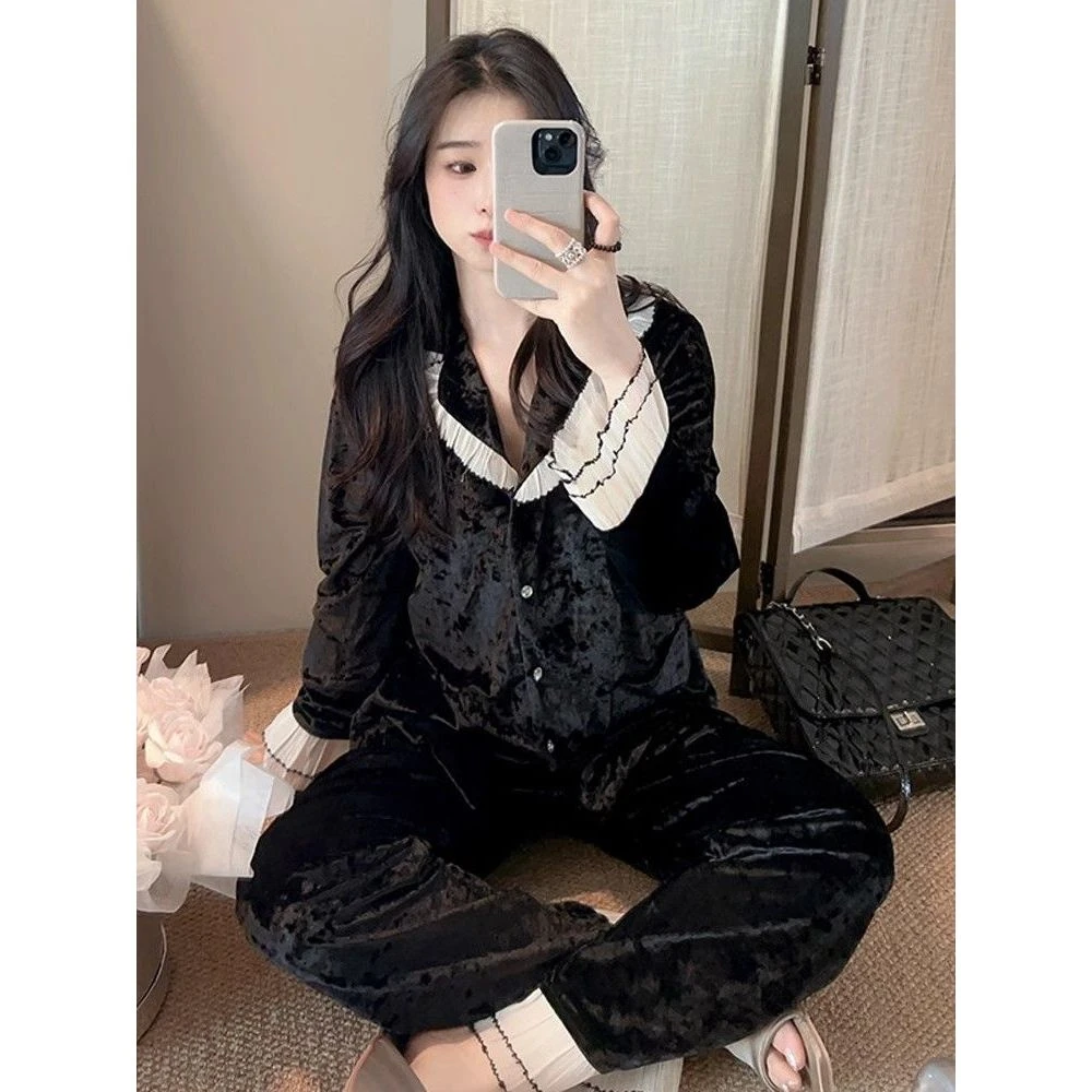 2025新款秋冬款黑色金丝绒睡衣女高级感甜美娃娃领可外穿家居服