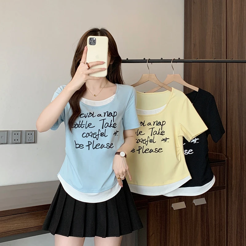 【运费补贴】夏款t恤大码女撞色假两件印花字母时尚减龄T恤A1321