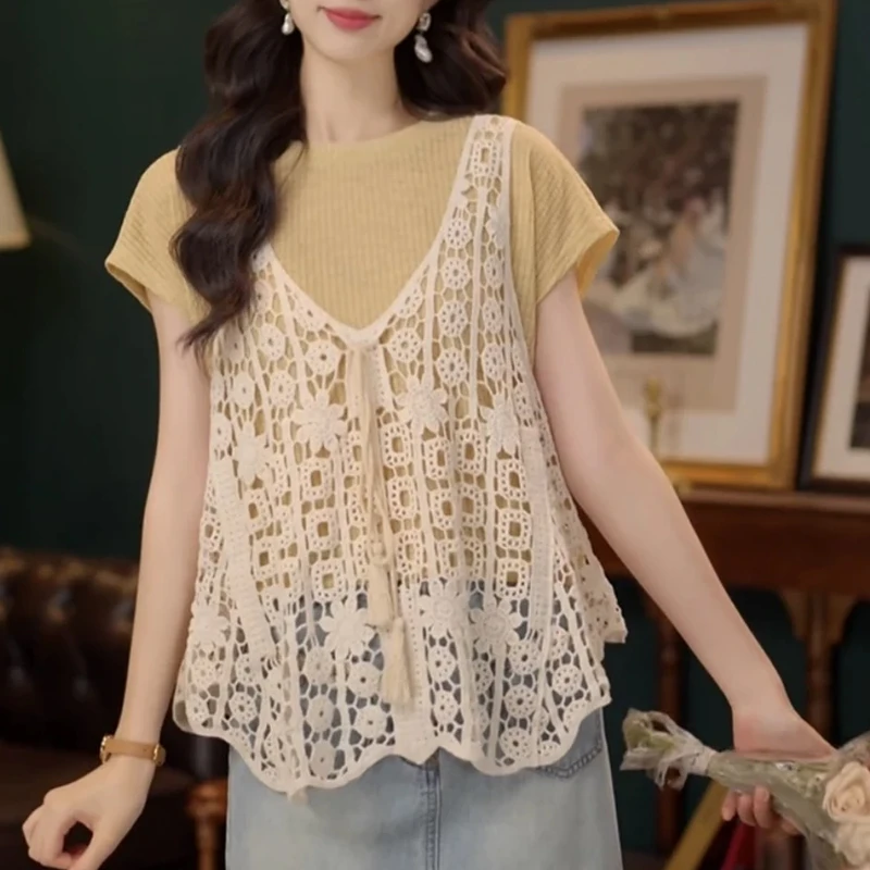 【雪枝映金】复古拼接假两件短袖t恤女夏季新款显瘦减龄百搭上衣潮