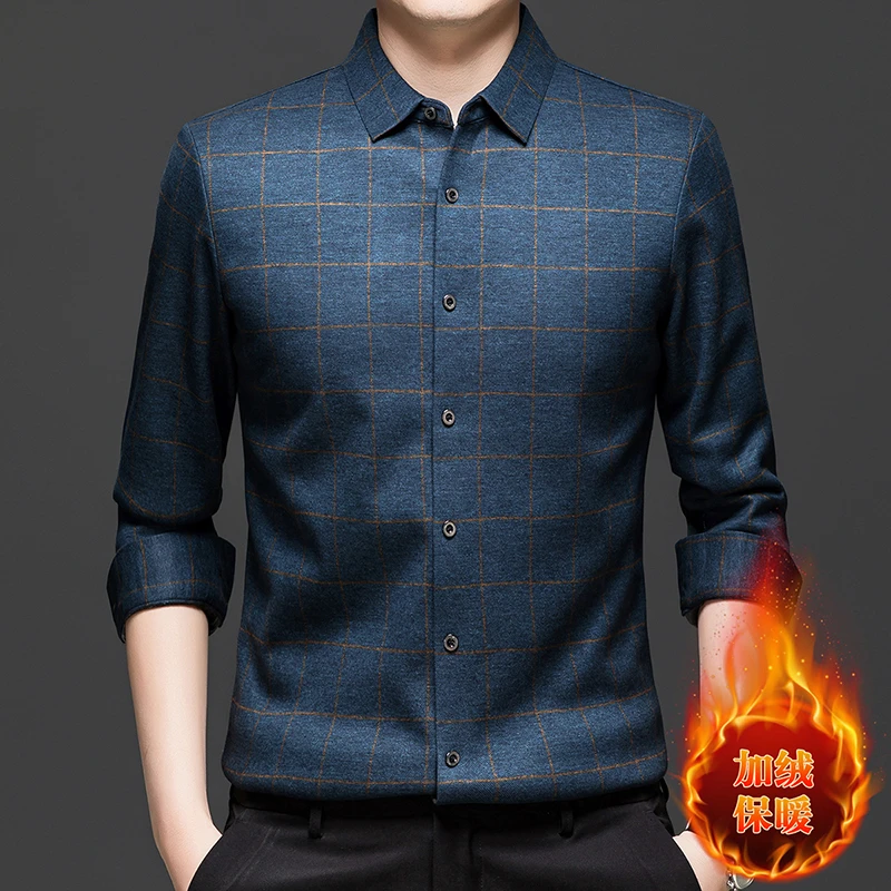 男士高档品牌磨毛格子厚款衬衣 免烫保暖加绒格纹衬衫 休闲男装