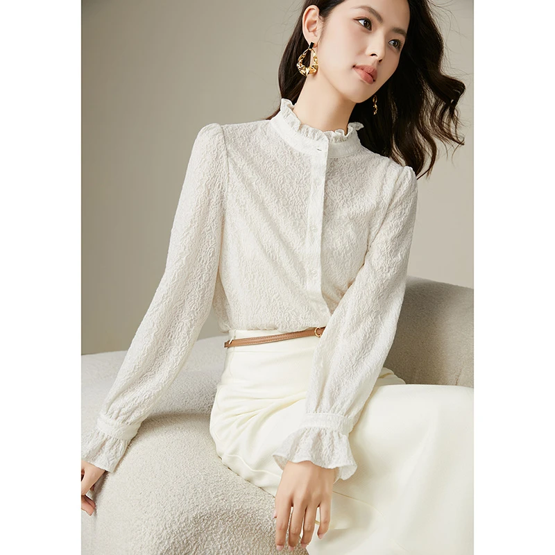 晚白2025年春新款时尚简约衬衣花边印花淑女纯色衬衫女24110402