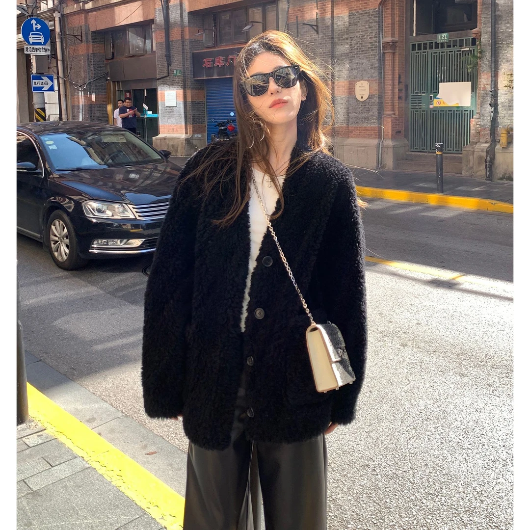 新款秋冬加厚小个子中长款毛毛外套女时尚显瘦宽松V领棉服大衣