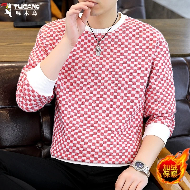 啄木鸟小香风加绒卫衣男秋冬季轻奢加厚打底衫个性假两件休闲上衣