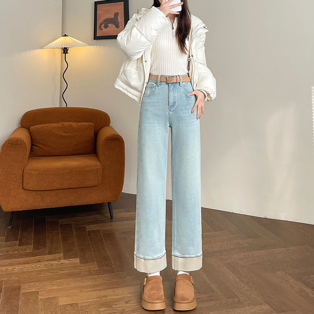 浅蓝加绒高腰直筒牛仔裤女2025秋冬新款修身宽松显瘦小个子阔腿裤