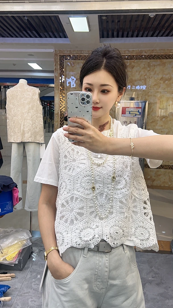 五角星无贝壳时尚镂空钩花短袖女士T恤叠穿两件套