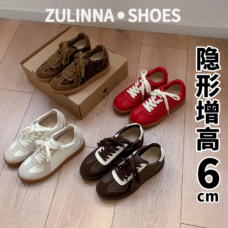 牛皮版德训鞋女2025秋冬款系带休闲运动豹纹德训鞋内增高