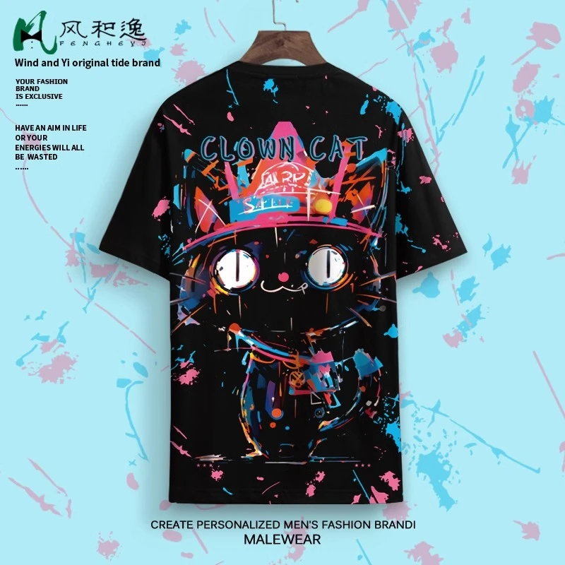 2025夏季薄款cat小猫印花短袖T恤男大码圆领半袖设计感小众体恤衫
