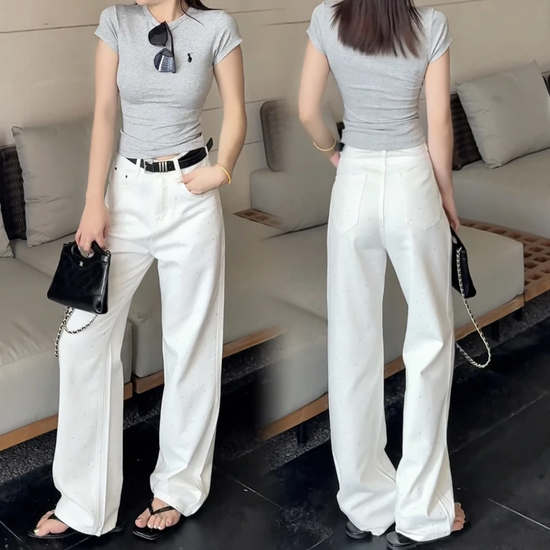 小鱼故事 2025早秋新款烫钻白色高腰阔腿牛仔裤设计感【闪闪裤】